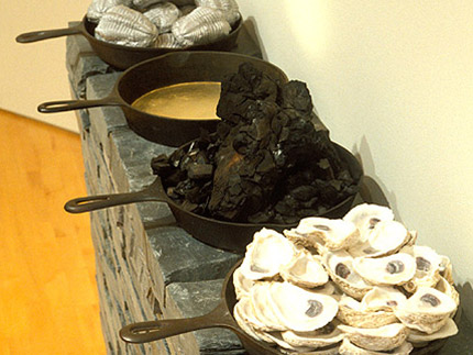 Hearth (Slate, cast iron pans, shells, fossils, coal, gold leaf)